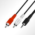 Realistic audio mini 3.5 mm to RCA cable vector illustration. Royalty Free Stock Photo