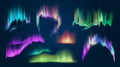 Realistic aurora borealis northern lights in night sky. Polar glowing natural effect. Shining antarctic colored 3d light