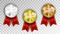 Realistic Award Medals. Three Winner Champion Medals - Gold Silver And Bronze Royalty Free Stock Photo