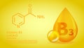 Realistic B3 Nicotinamide Vitamin drop with structural chemical formula. 3D Vitamin molecule B3 Nicotinamide design