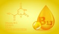 Realistic B13 Orotic acid Vitamin drop with structural chemical formula. 3D Vitamin molecule B13 Orotic acid design