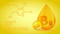 Realistic B6 Pyridoxine Vitamin drop with structural chemical formula. 3D Vitamin molecule B6 Pyridoxine design. Drop