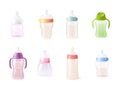 Realistic baby bottles. Children bottle with pacifier for toddler milk feeding, newborn kids nutrition cup feeder