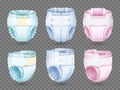 Realistic baby diapers. Absorbent cotton accessory angle view 3d isolated, different types, mounts and colors, new born