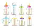 Realistic baby feeding bottles with milk, mockups