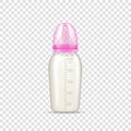 Realistic baby milk bottle for feeding a newborn with pacifier nipples and measurement scale volume Royalty Free Stock Photo