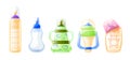 Realistic baby milk bottle set. Colorful colorful bottles for feeding a newborn baby differents shape with pacifier nipples