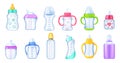 Realistic baby milk bottle set. Colorful multi-colored bottles for feeding a newborn baby differents shape