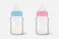 Realistic baby mother breast milk in two baby milk bottles for boy - blue - and girl - pink - icon set closeup isolated