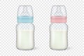 Realistic baby mother breast milk in two baby milk bottles with cap for boy - blue - and girl - pink - icon set closeup