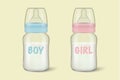 Realistic baby mother breast milk in two baby milk bottles for boy - blue - and girl - pink - icon set closeup. Sterile