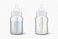 Realistic baby mother breast milk and water in two in baby milk bottles - icon set closeup on transparency grid