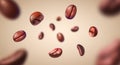 Realistic background with falling roasted coffee bean with blur effect. Flying espresso seed. Coffee grains burst for
