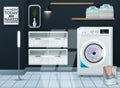 Realistic background with modern washing machine in empty laundry room vector illustration