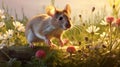 Realistic Backlit Photography: Cute Mouse Grazing In Colorful Flower Field