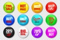 Realistic badges with text. Product promotion, sale. Special offer. Glossy round button. Pin badge mockup. Vector