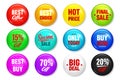 Realistic badges with text. Product promotion, sale. Special offer. Glossy round button. Pin badge mockup. Vector