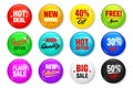 Realistic badges with text. Product promotion, sale. Special offer. Glossy round button. Pin badge mockup. Vector