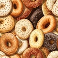 Realistic bagels, many varieties of the breakfast food. Carbs. Seamless background..