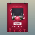 Realistic ball on night view playground on red background for World Cricket Championship.