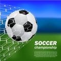 Realistic ball soccer football shot goal at the net gate with blur bokeh field background
