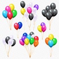 Realistic balloons bunches. Flying colorful party helium balloon bunch on string isolated vector set