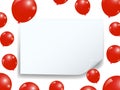 Realistic balloons and curved banner celebrate festive holiday party design and square frame background.
