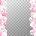 Realistic balloons frame with transparent background. Pink and white party balloons vector for decorations wedding, birthday,