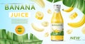 Realistic banana poster. Fruit juice advertising banner, glass bottle with sweet drink, brand text, tasty tropical