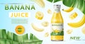 Realistic banana poster. Fruit juice advertising banner, glass bottle with sweet drink, brand text, tasty tropical beverage, whole