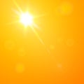 Realistic banner bright orange coastline sky with sun and sunbeam. Vector background Royalty Free Stock Photo