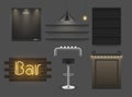 Realistic bar furniture set vector illustration. Night pub interior stool, menu chalkboard, lamps
