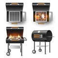 Realistic barbecue grill. Modern cylindrical outdoor grill in different angles view, open, closed lid, burning coals