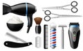 Realistic barber tools. Barbershop isolated objects, men beauty salon professional tools, shaving and fashion hairstyle Royalty Free Stock Photo