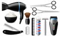 Realistic barber tools. Barbershop isolated objects, men beauty salon professional tools, shaving and fashion hairstyle items.