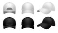 Realistic baseball cap. Black and white mockup hat front side and back view. Men and women headwear, sport and casual Royalty Free Stock Photo