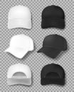 Realistic Baseball cap mockup isolated on transparent background. White and black textile cap front, back and side view