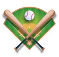 Realistic baseball concept with baseball crossed bat, ball and filed. Vector sport iilustration