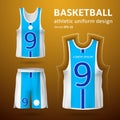 Realistic basketball uniform. T-shirt and shorts design, command sport game, players clothes templates, back and front