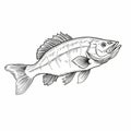 Isolated Line Drawing Of Bigmouth Bass On White Background