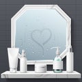 Realistic bath mirror. Bathroom reflective glass surface with condensate. Toilet interior. Shelf with skin and hair care