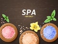 Realistic bath salt frame. Spa and wellness color crystals, relaxing baths, beauty and healthy skin, crystals in wooden