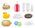 Realistic bathing set. Washcloth hygiene cream soap shampoo for bathing decent vector illustrations collections