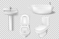 Realistic bathroom collection template. White clean toilet, bowl, sink, washroom basin. Mockup of toilet and sink for