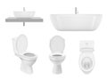 Realistic bathroom collection. Toilet, washing cabinet bowl bathroom sink clean white for fresh washroom basin. Vector