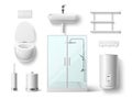 Realistic bathroom elements. 3d plumbing objects, white porcelain sink and toilet, shower cabin, boiler, heated towel