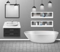 Realistic bathroom furniture interior with modern bathroom sink, mirror, shelves, bathtub and decor elements on grey