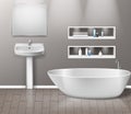 Realistic bathroom furniture interior with modern bathroom sink, mirror, shelves, bathtub and decor elements on grey