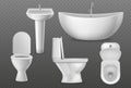 Realistic bathroom objects. White collection bathtub, toilet seat and washbasin with faucet. Bathroom sanitary vector 3d mockups