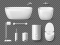 Realistic bathroom and toilet elements. Shower and toilet objects, sink and bidet, bath and boiler, white hygienic